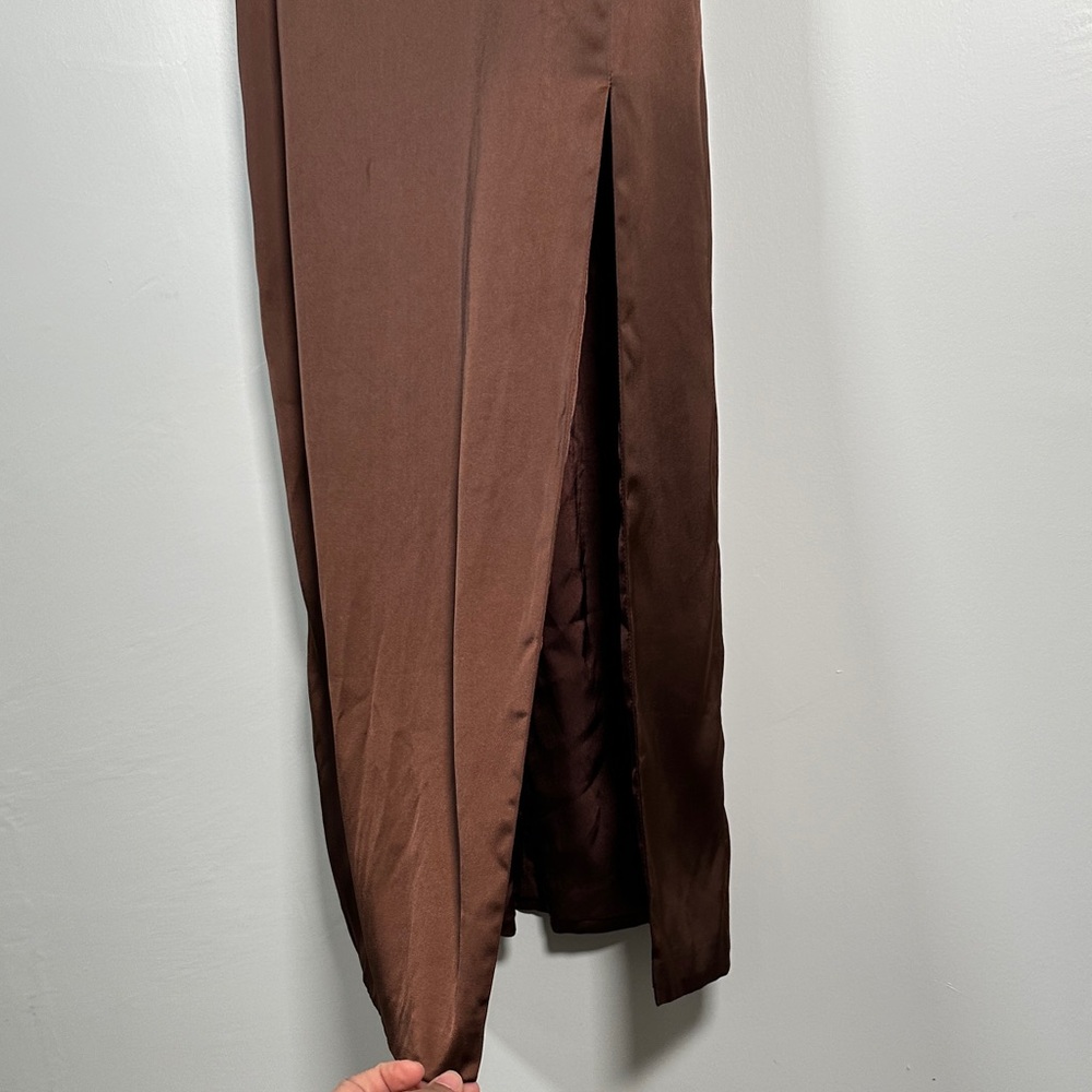 Meshki Brown Satin Corset Dress Bodycon Midi Thigh Slit Sexy Night Out Size M - Picture 14 of 16